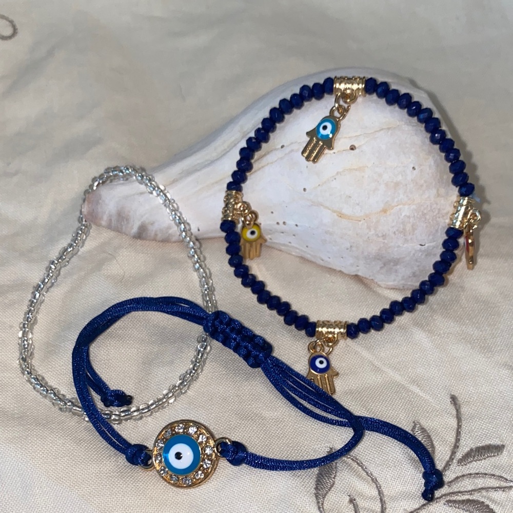 Blue and Silver Evil Eye Bracelet Set
